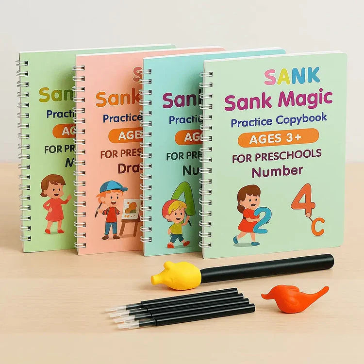 Sank Magic Practice book for Kids (4 Books + 10 Refills + 1 Pen + 1 Grip)